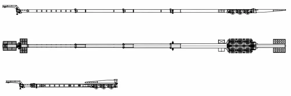 Engineering drawing of a three-stage extendable telescopic trailer