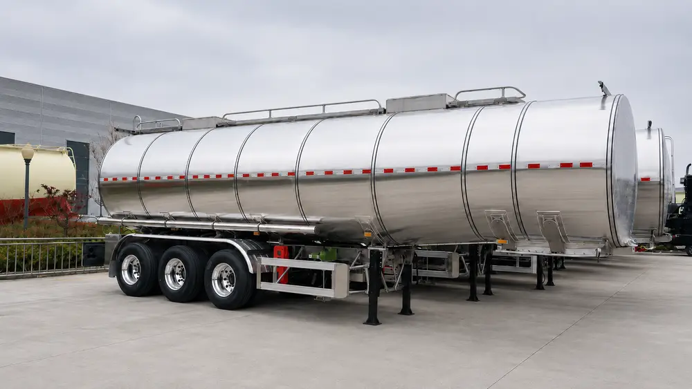 Polished aluminum alloy fuel tanker trailer parked in factory dispatch yard