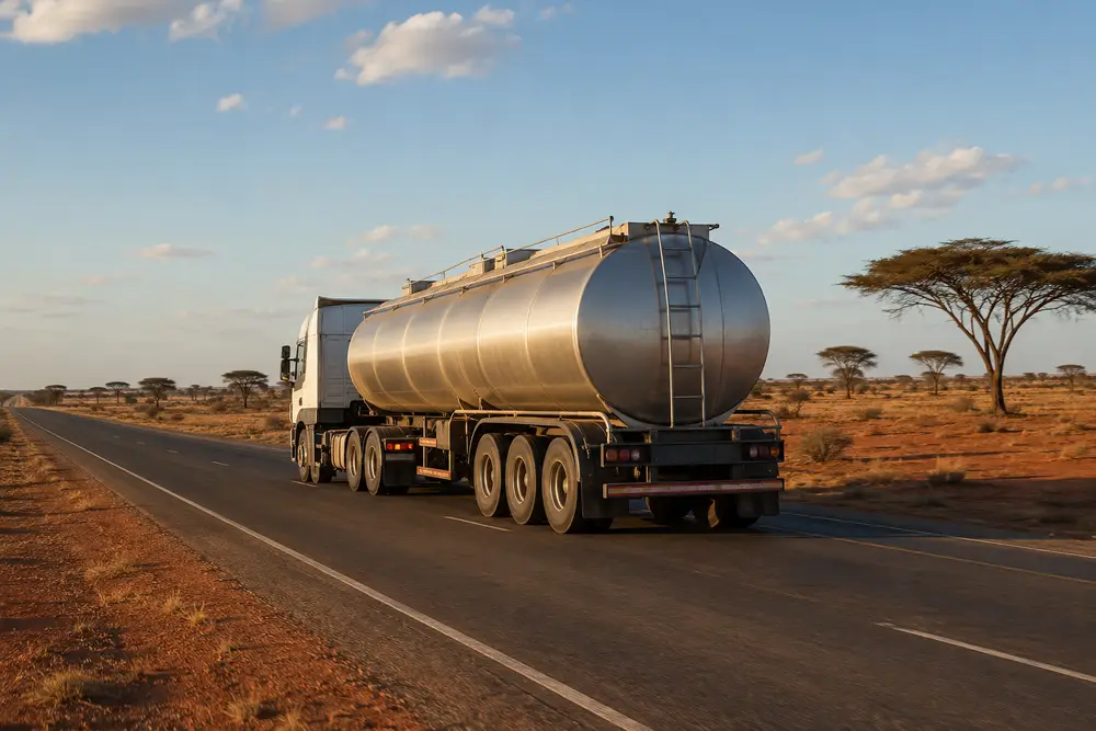 Aluminum fuel tanker trailer on an African highway through dry savanna