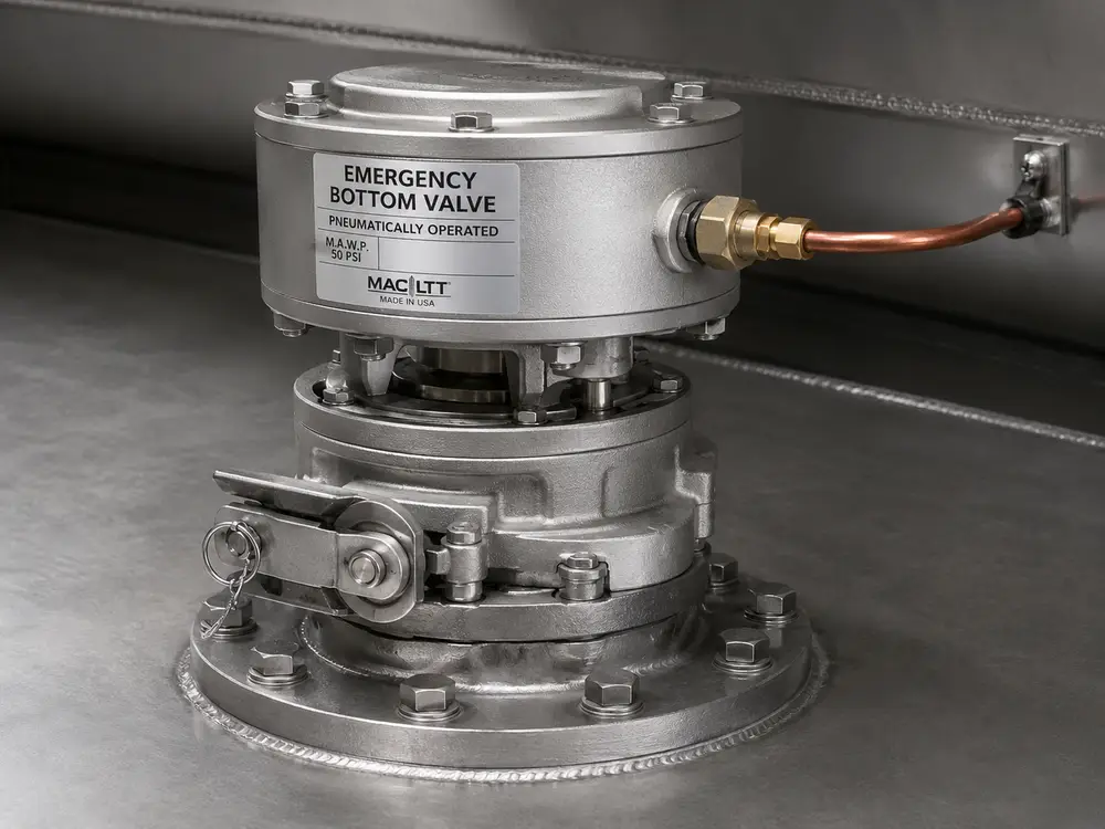 Pneumatic emergency bottom valve with shear groove on the tank floor