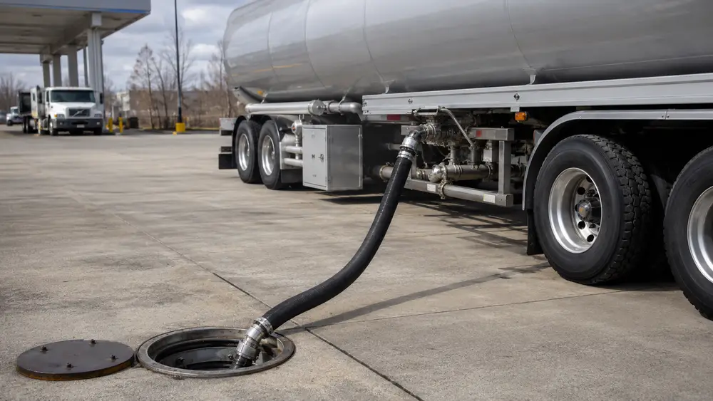 Tanker delivering fuel to an underground service-station tank