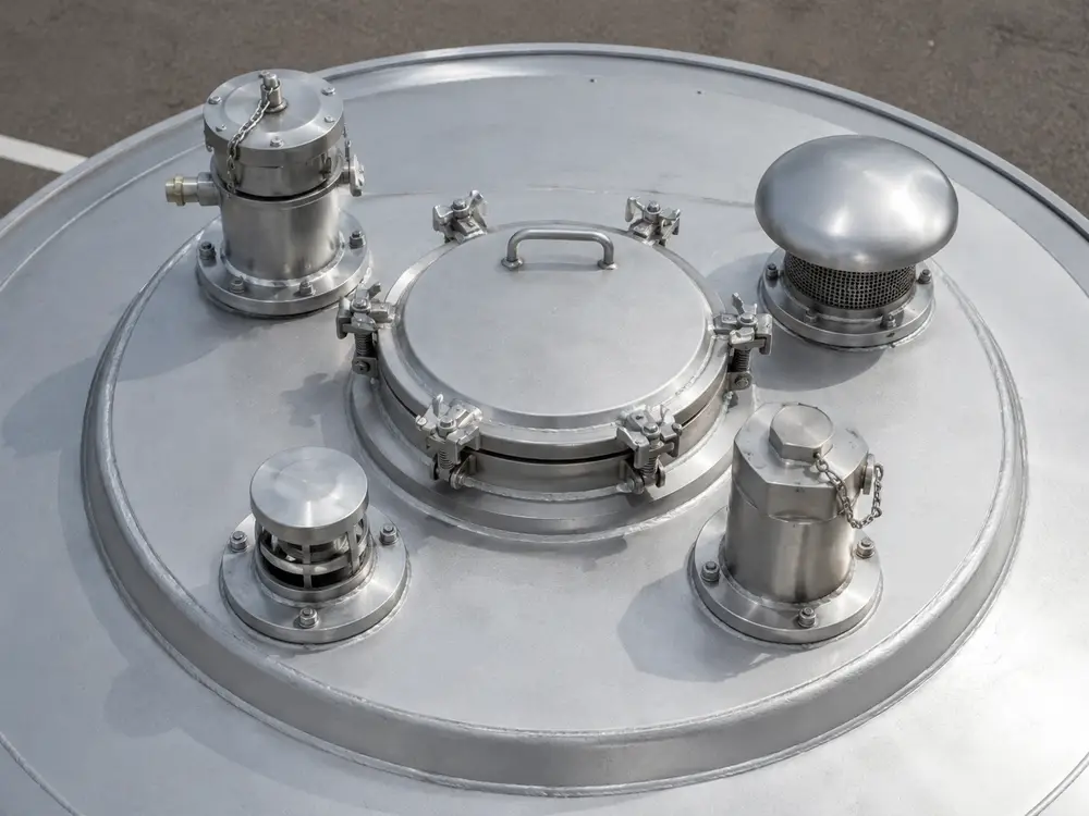 Tanker dome with PV vent, surge vent, vapor recovery, and overfill probe