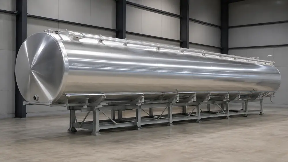 Aluminum fuel tanker shell on the factory assembly stand