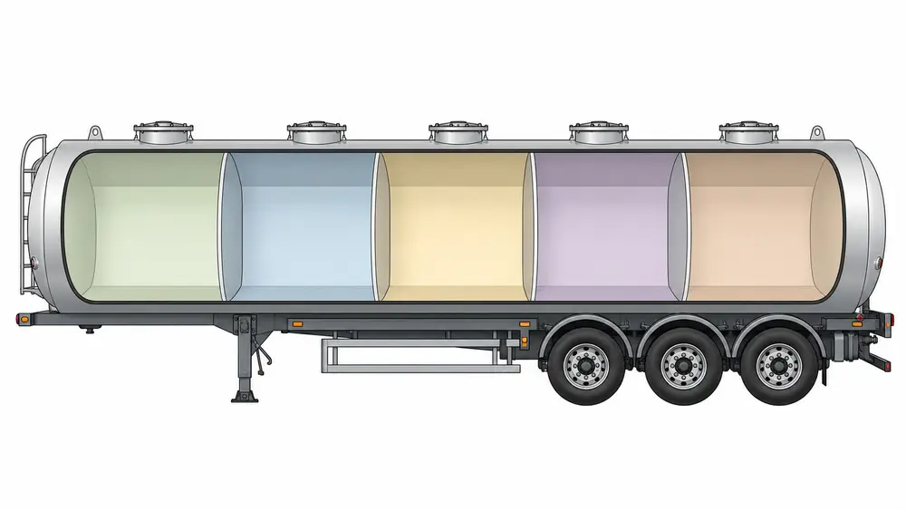 Five-compartment fuel tanker cutaway with vertical bulkhead plates