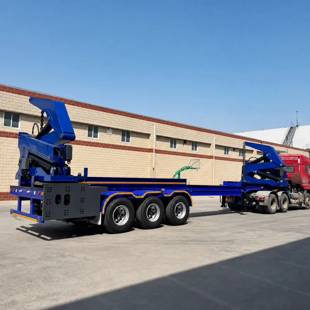 A blue telescopic side loader trailer in side profile with both hydraulic crane modules folded for road travel.