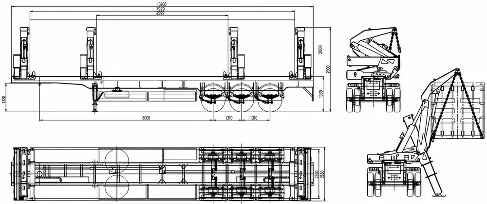 An engineering line drawing of a side lifter trailer chassis showing top, side, and end views with dimension lines.