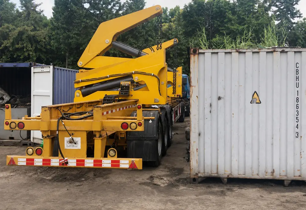A yellow container side loader parked beside a white shipping container resting on the ground before loading.