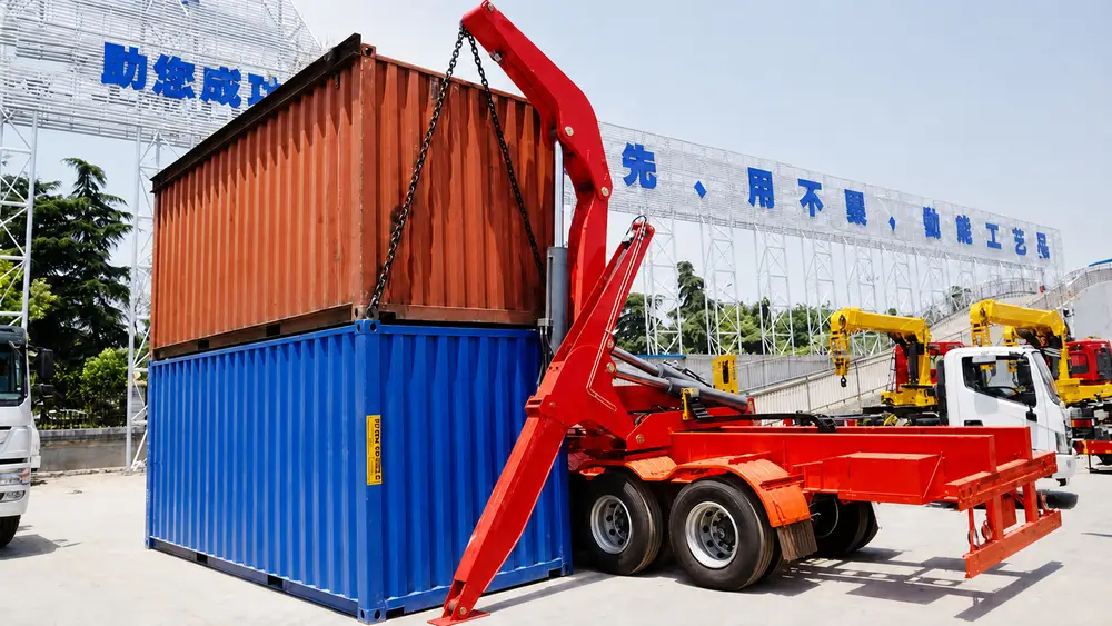 A red side loader double stacking a brown shipping container on top of a blue container at a factory.