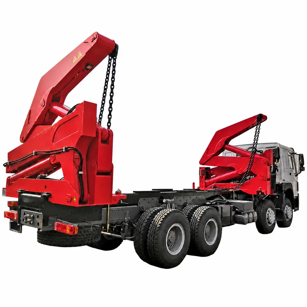 A red truck-mounted side lifter with lifting chains hanging from both crane modules against a white background.