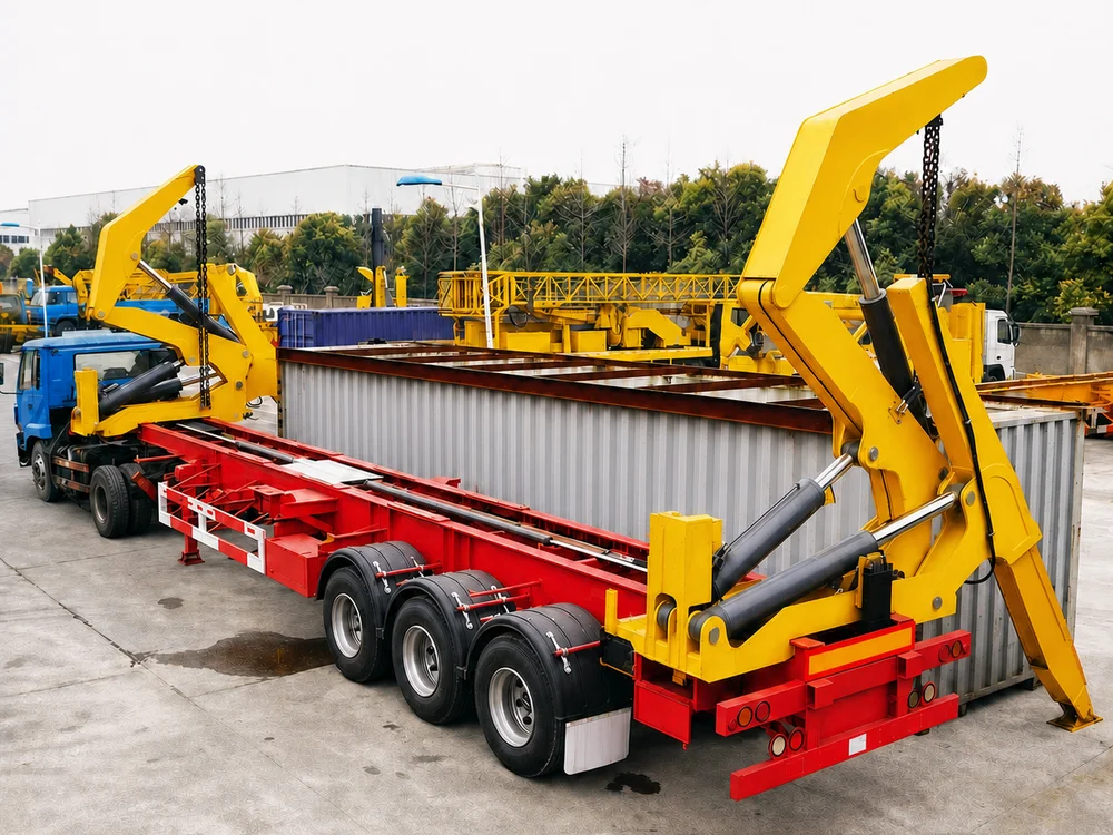 A container side lifter transferring a loaded shipping container across to an adjacent skeletal trailer at a depot.