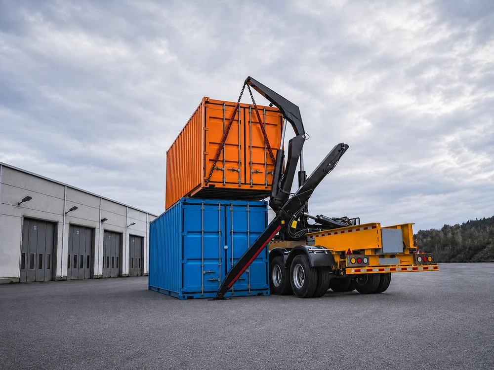 A container side loader double stacking a loaded orange container on top of a blue one at ground level.