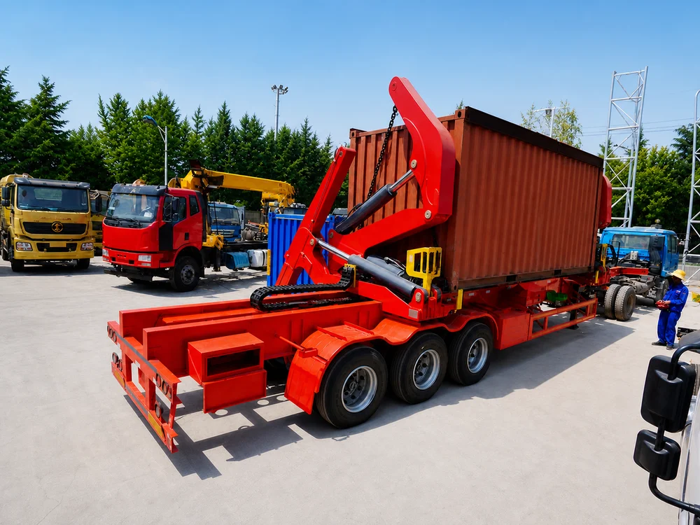 A single operator unloading a container to bare ground with a radio remote, no crane or forklift involved.