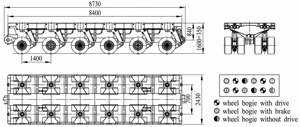 6-axle SPMT platform layout and dimensions