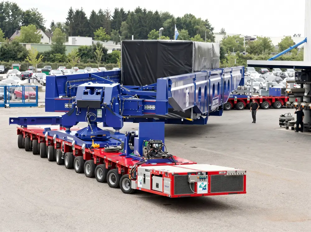 Multi-axle SPMT transporting heavy industrial equipment