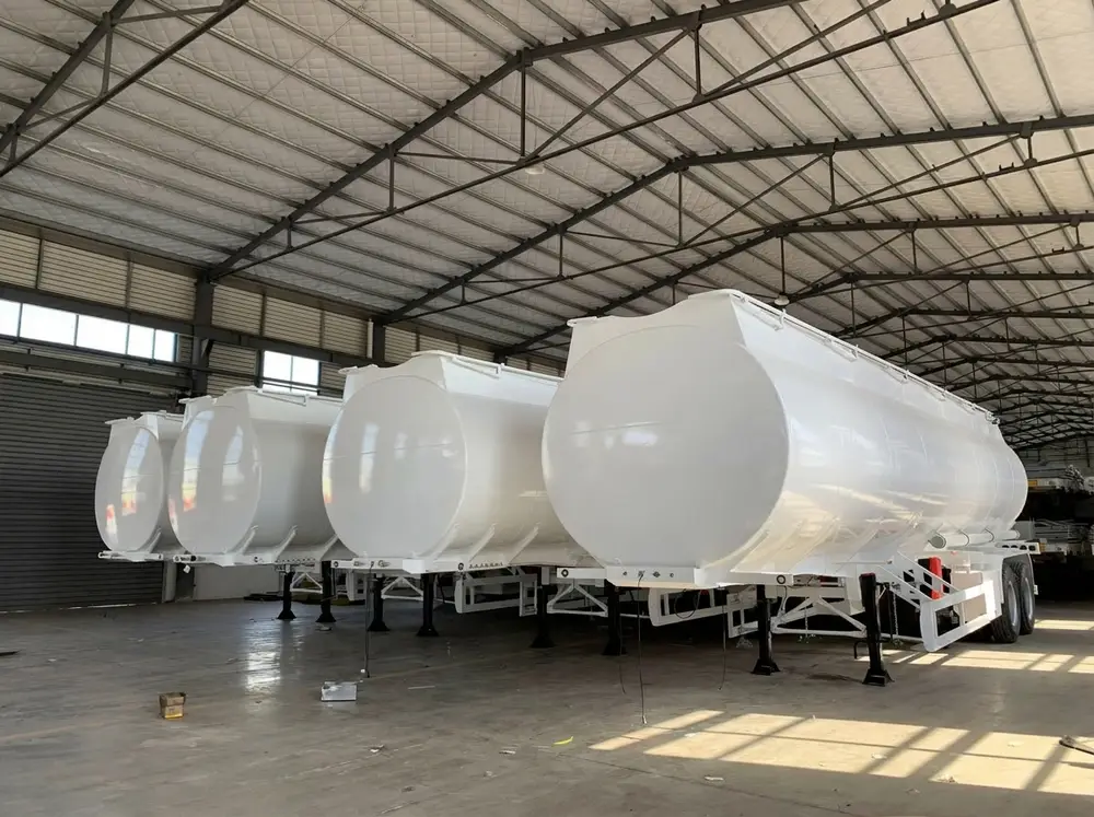 50,000-liter aluminum alloy fuel tanker trailer showing the full safety equipment configuration