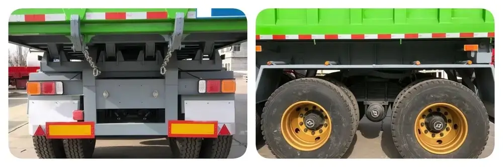 Pair of detail photos showing the rear hinge assembly and dual-axle wheel set on the dump tipper