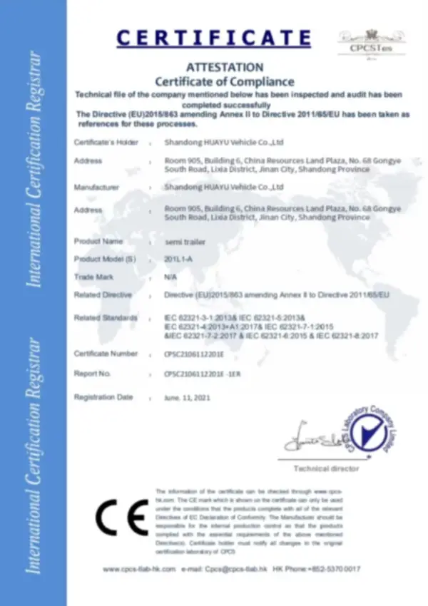 HUAYU Vehicle business license certificate