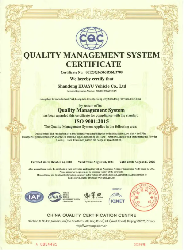 ISO 9001:2015 Quality Management System certificate issued to Shandong HUAYU Vehicle Co., Ltd.