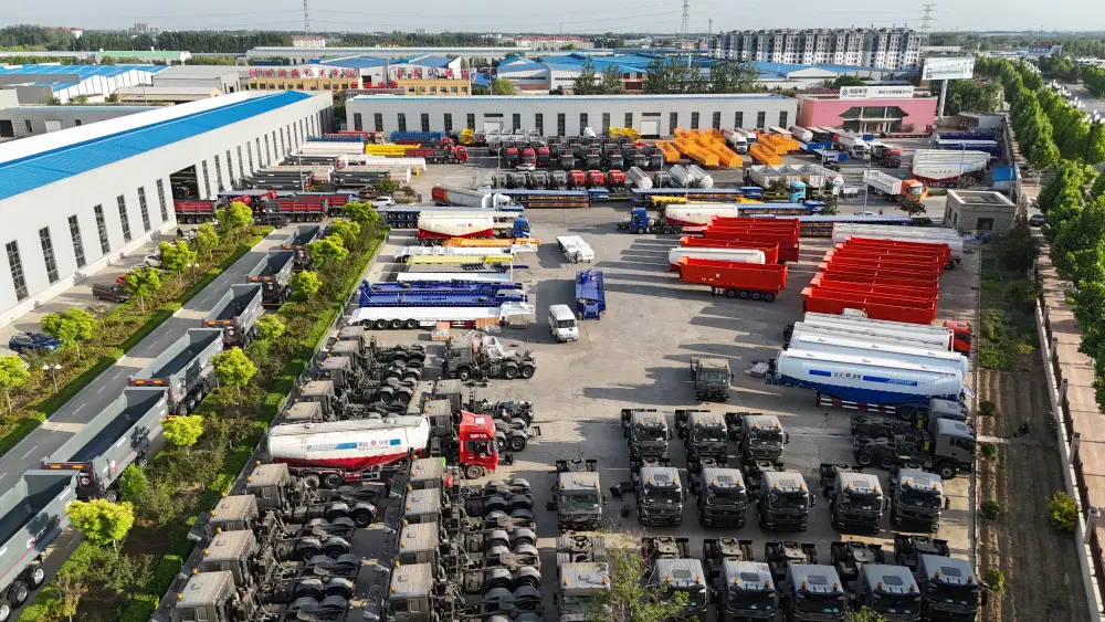 HUAYU finished-trailer yard with truck cabs and tank trailers ready for container loading to Qingdao port