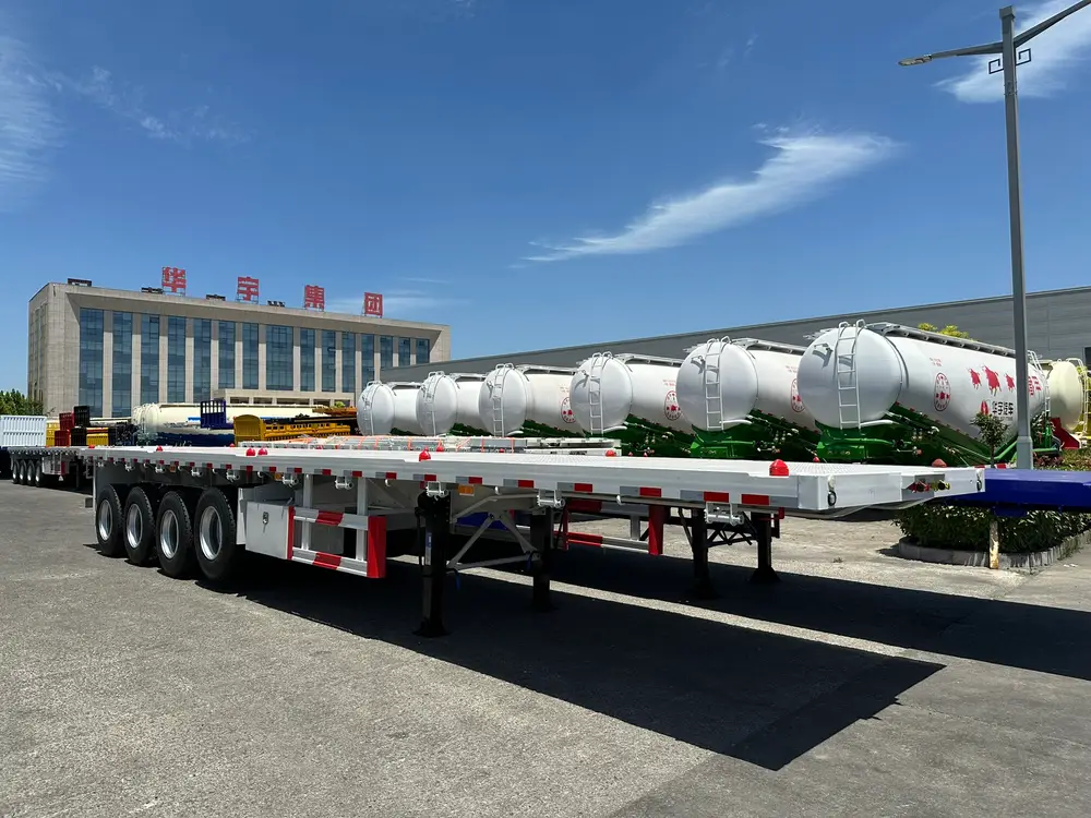 This finished white 45ft flatbed semi trailer stands in the HUAYU factory yard in Liangshan, Shandong.