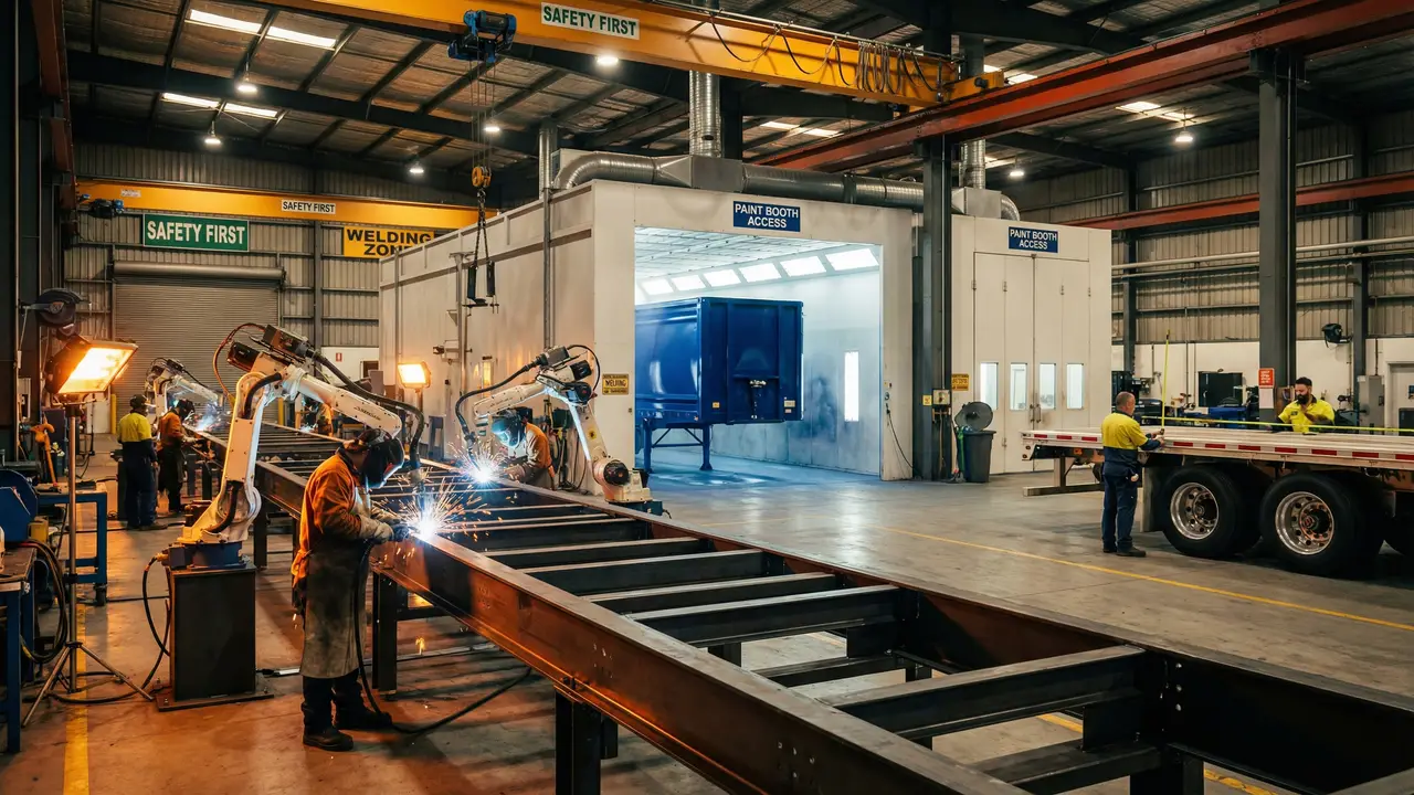 Workers welding a semi-trailer frame on HUAYU's automated production line