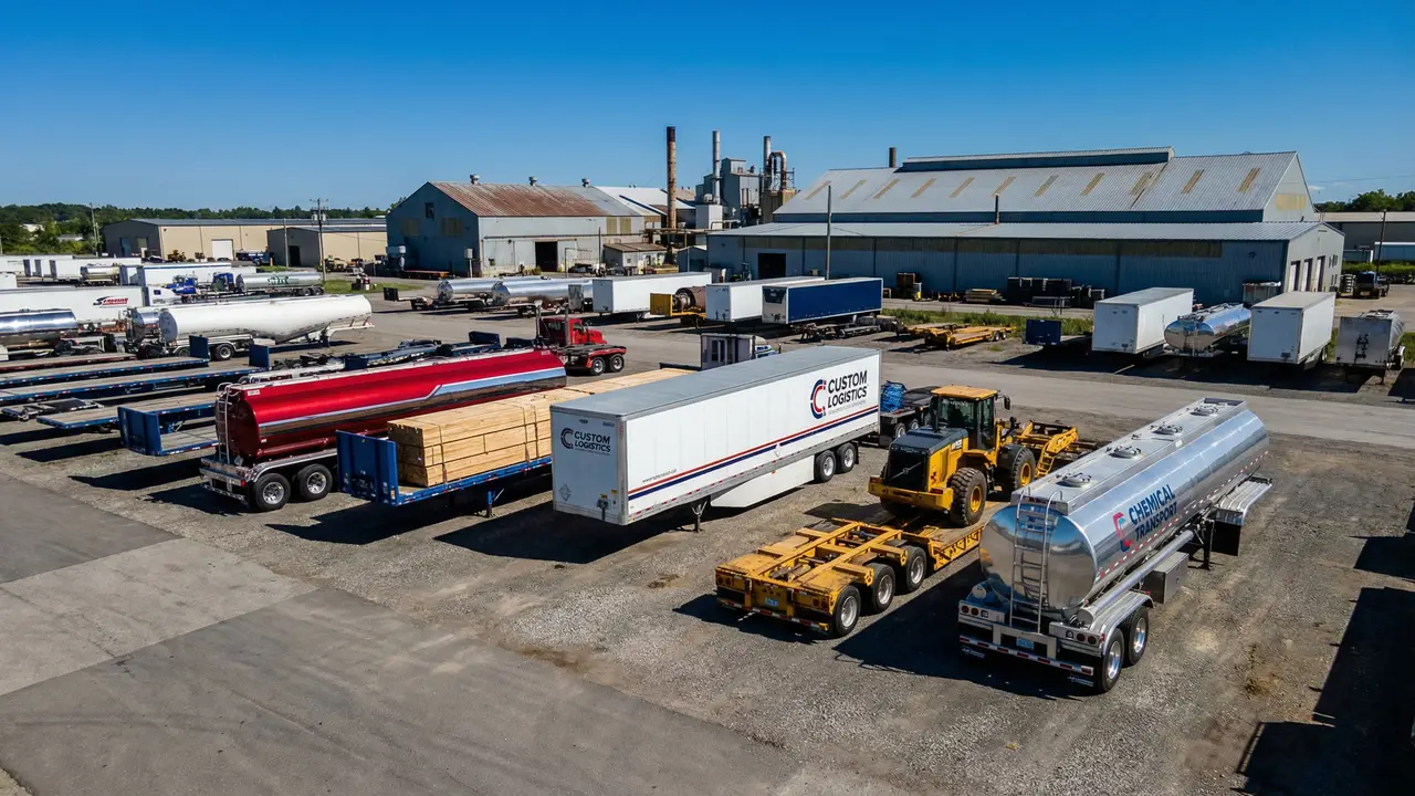 Multiple customized HUAYU semi-trailers in different colors and configurations at the factory yard