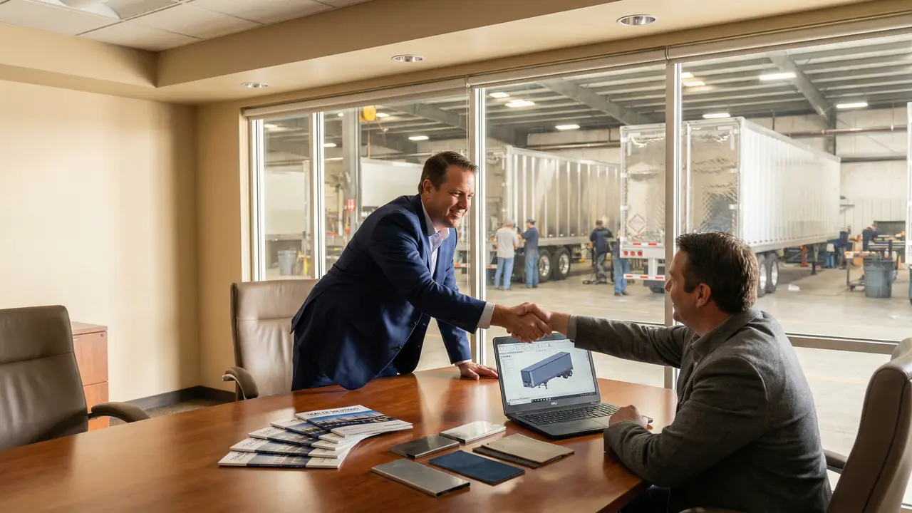 HUAYU sales representative discussing trailer specifications with an overseas client in the factory conference room