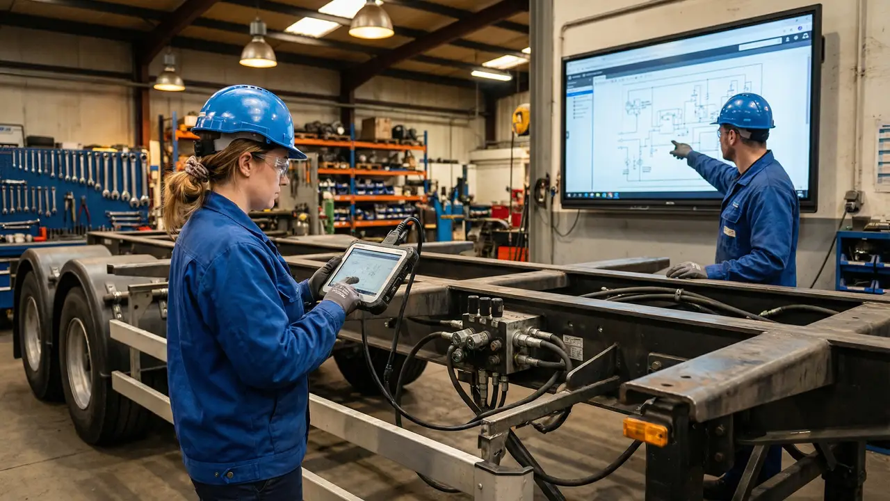 HUAYU engineers inspecting a semi-trailer chassis with diagnostic equipment in the workshop